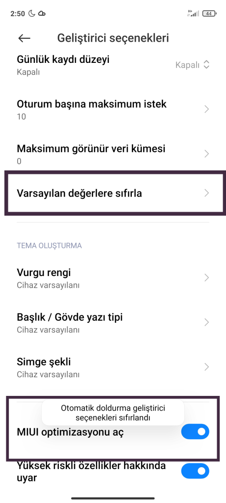 miui optimizasyonu kapatma